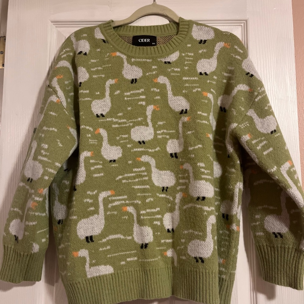 Cider Green Goose Pattern Crewneck Sweater